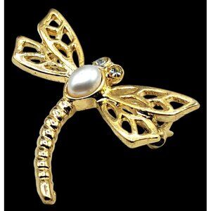 Vintage Dragonfly Brooch With Faux Pearl Clear Rhinestones Crystals Figural Pin
